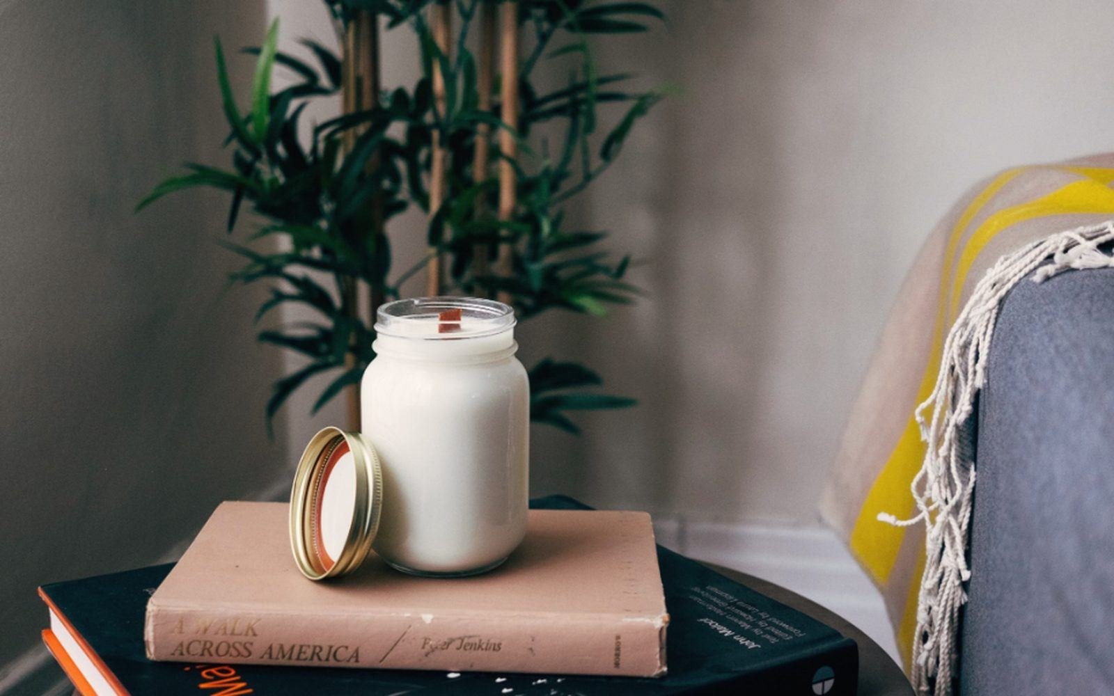 A white jar candle on a stack of books beside a plant